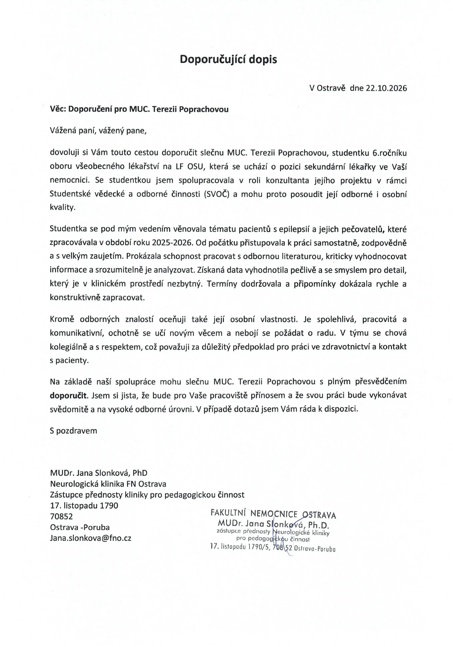 Doporučující dopis pro Terezii Poprachovou od MUDr. Jany Slonkové z Neurologické kliniky FN Ostrava s podpisem a razítkem